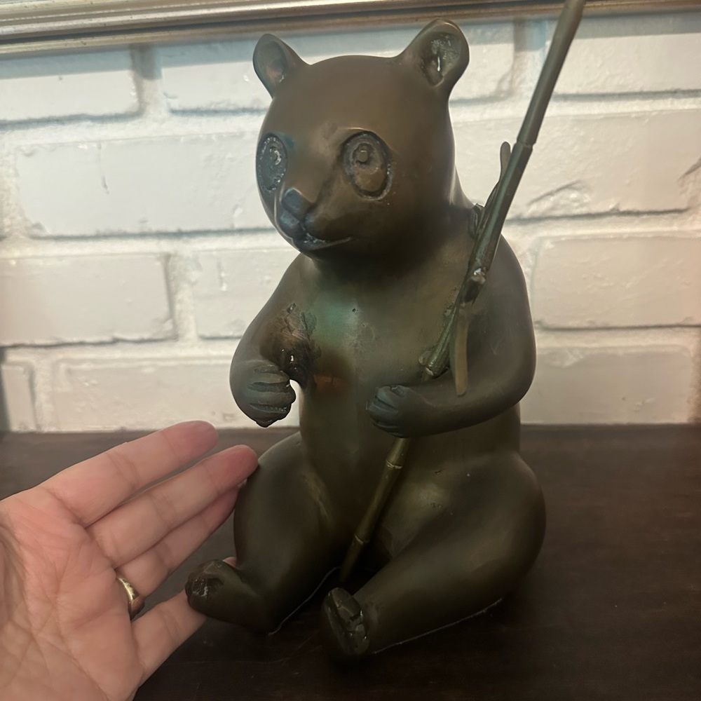 Heavy Brass teddy Panda Sculpture with removable bamboo